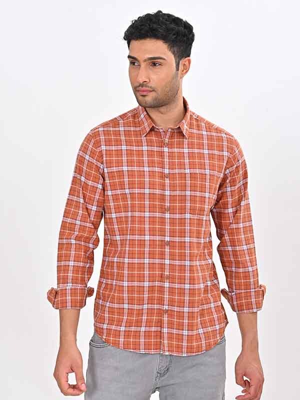 Indian Terrain Men's Regular Fit Full Sleeve Checkered Brown Shirt